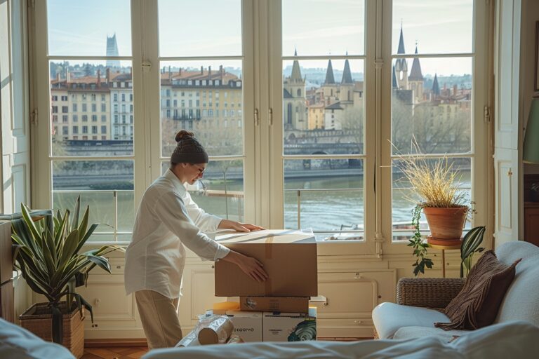 Aide ménagère professionnelle emballant soigneusement des objets pour un déménagement efficace à Lyon, illustrant comment bénéficier d'une aide ménagère facilite l'installation dans la capitale des Gaules.