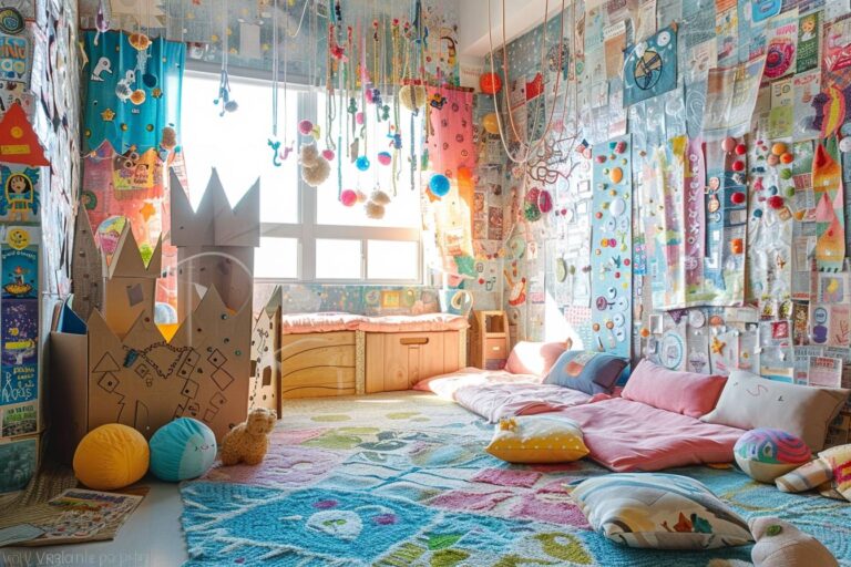 Idées créatives pour décorer une chambre d'enfant avec des matériaux recyclés, montrant un espace de jeu vibrant et écologique
